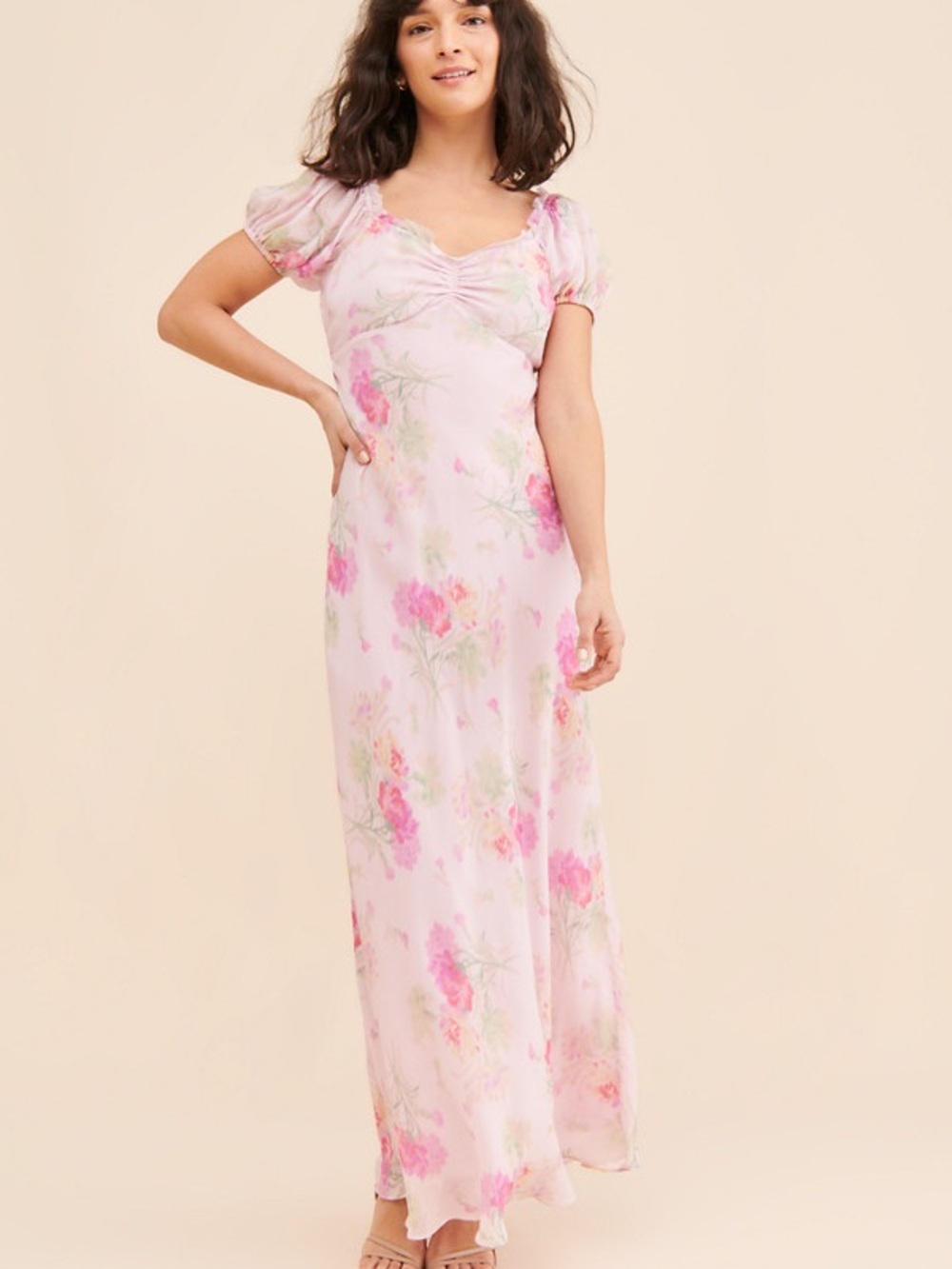 $495 LoveShackFancy Pink Floral Ruched Madara Maxi Dress XS Cottagecore Coquette